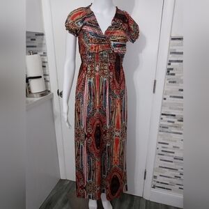 LAPAGEE PAISLEY LONGLINE CROSSOVER V NECK SMOCKED WAIST PRAIRIE STYLE DRESS M